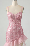Sparkly Sequin Apricot Corset Tight Short Homecoming Dress with Ruffles