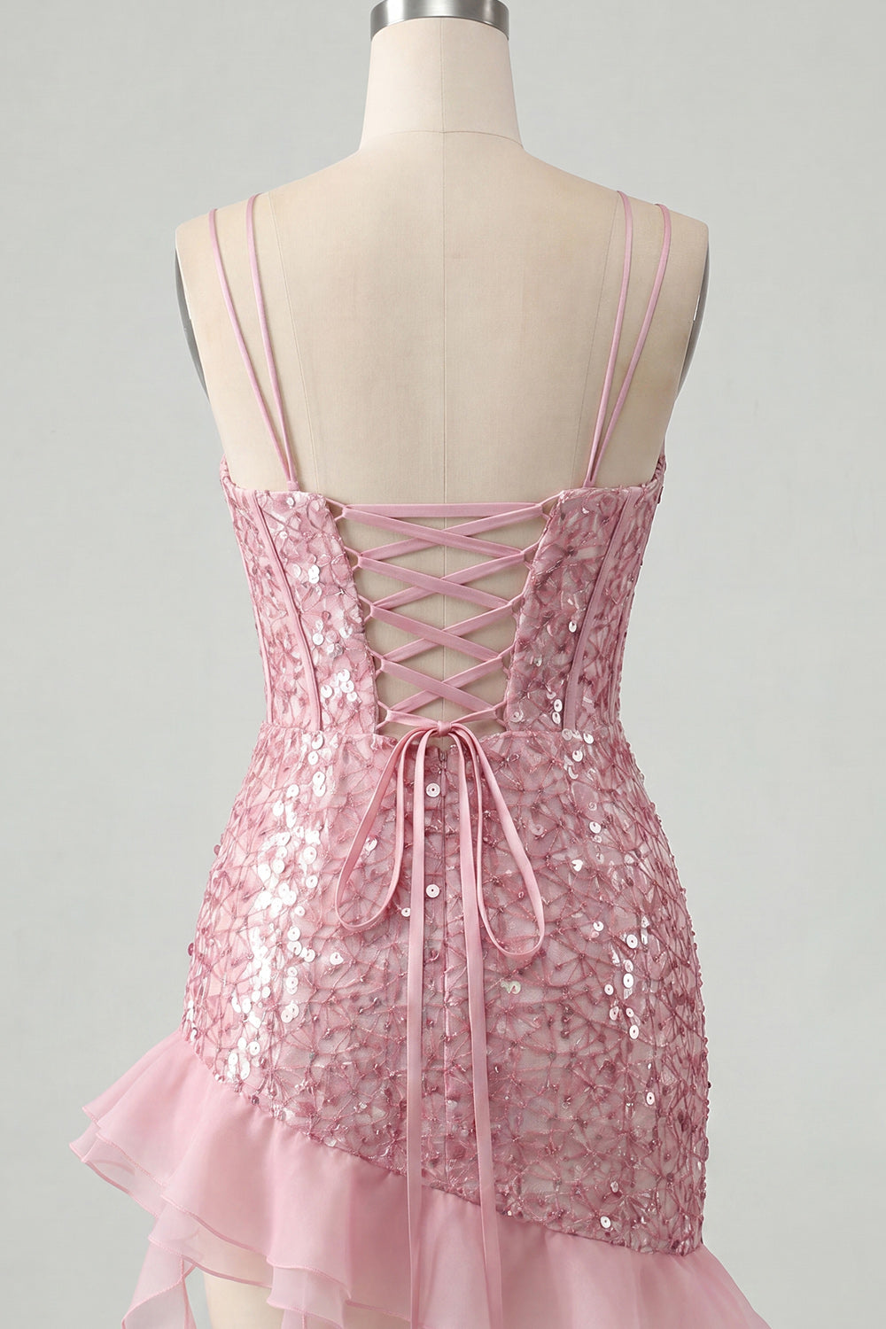 Sparkly Sequin Apricot Corset Tight Short Homecoming Dress with Ruffles