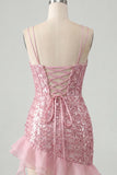 Sparkly Sequin Apricot Corset Tight Short Homecoming Dress with Ruffles