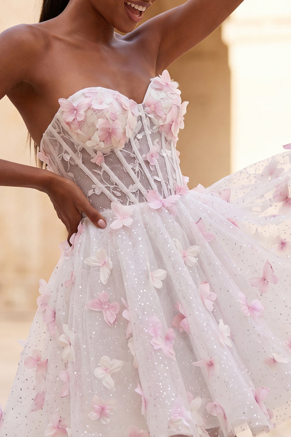 Glitter Blush Corset A-Line Short Homecoming Dress with 3D Butterflies