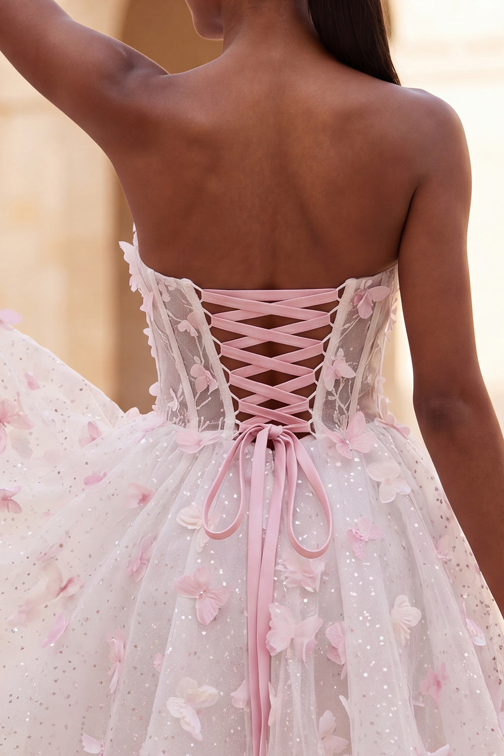 Glitter Blush Corset A-Line Short Homecoming Dress with 3D Butterflies