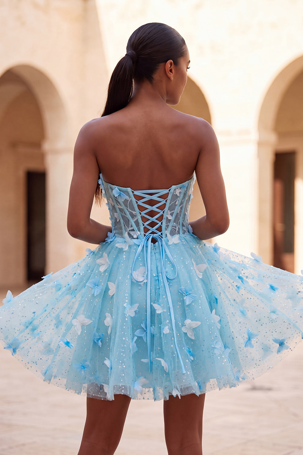 Glitter Blush Corset A-Line Short Homecoming Dress with 3D Butterflies