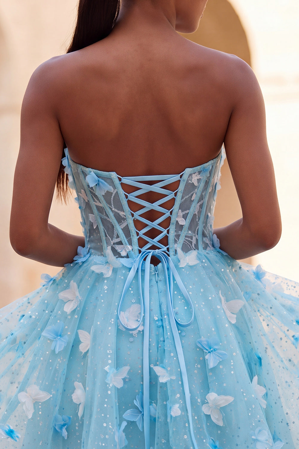 Glitter Blush Corset A-Line Short Homecoming Dress with 3D Butterflies