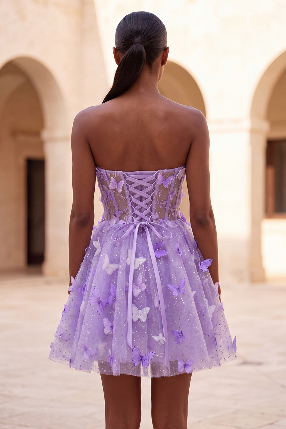 Glitter Blush Corset A-Line Short Homecoming Dress with 3D Butterflies