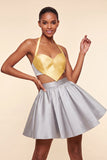 2 Piece Yellow and Grey Halter Neck Short Homecoming Dress