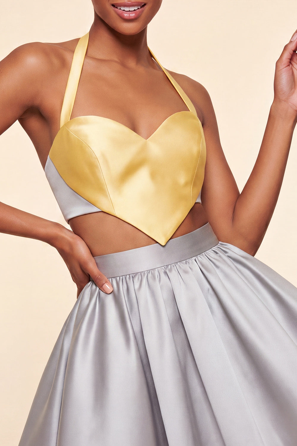 2 Piece Yellow and Grey Halter Neck Short Homecoming Dress