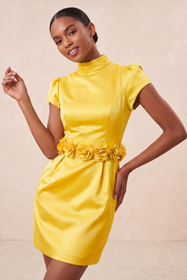 Yellow High Neck Tight Short Homecoming Dress with Sleeves