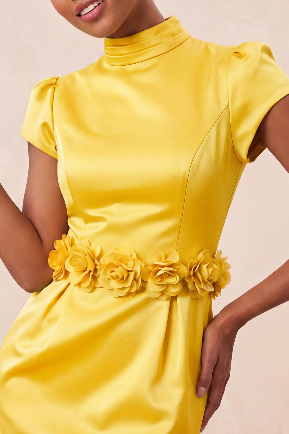 Yellow High Neck Tight Short Homecoming Dress with Sleeves