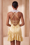 Light Yellow Ruffled Tight Short Homecoming Dress with 3D Flowers