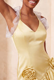 Light Yellow Ruffled Tight Short Homecoming Dress with 3D Flowers