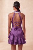 Floral Purple Halter Neck Tight Short Homecoming Dress with Ruffles
