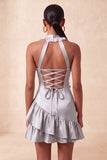 Floral Purple Halter Neck Tight Short Homecoming Dress with Ruffles