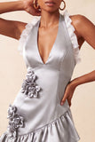 Floral Purple Halter Neck Tight Short Homecoming Dress with Ruffles