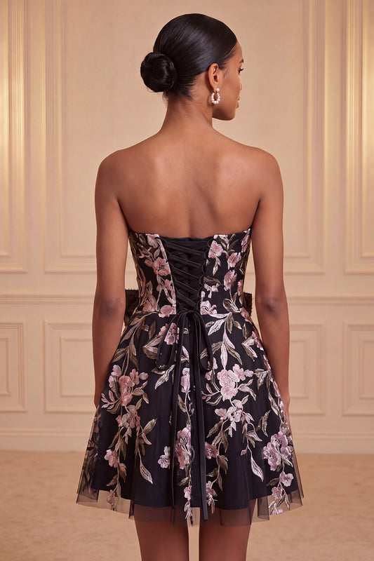 Floral Black Beaded A-Line Short Homecoming Dress with Bow