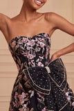 Floral Black Beaded A-Line Short Homecoming Dress with Bow
