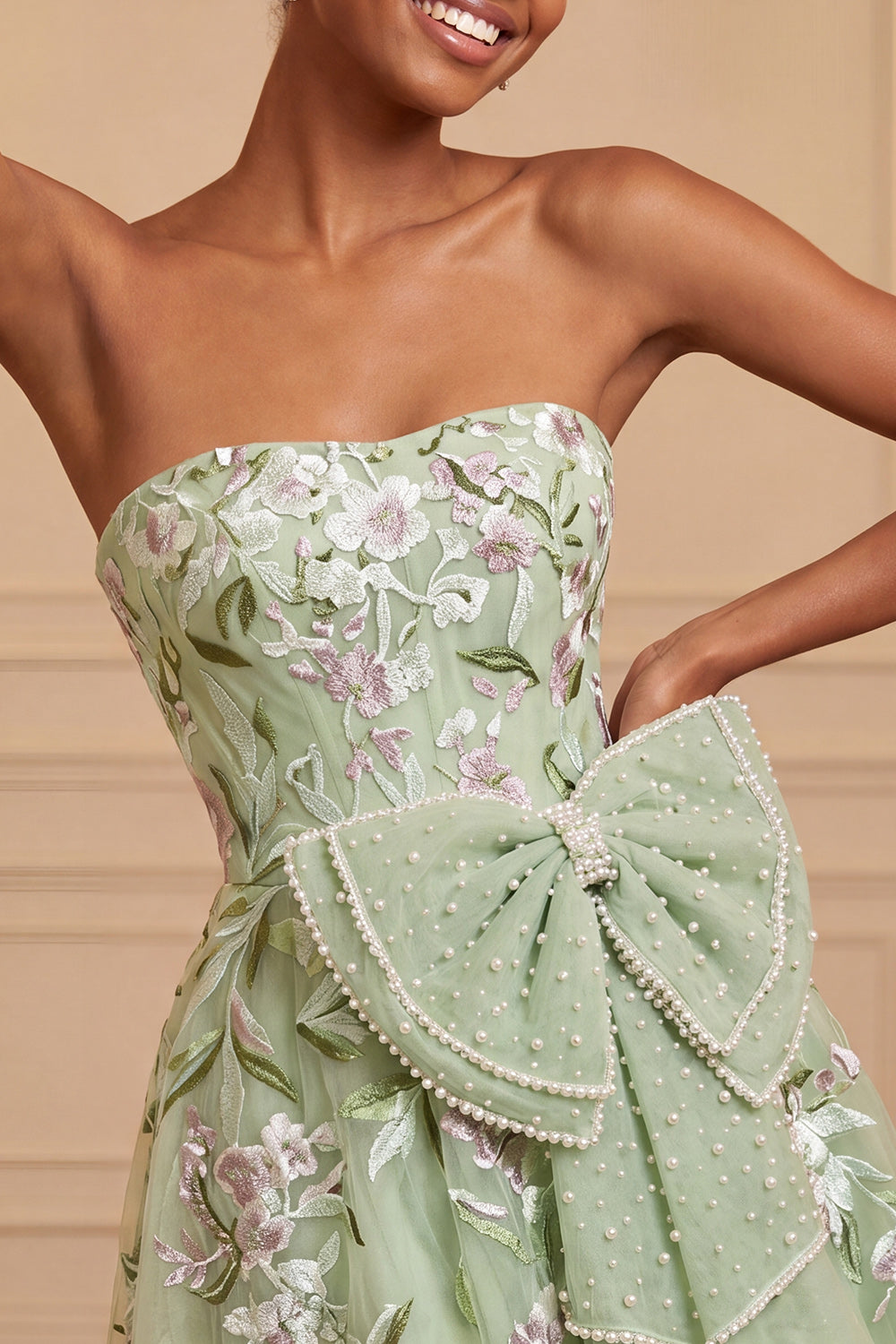 Floral Black Beaded A-Line Short Homecoming Dress with Bow