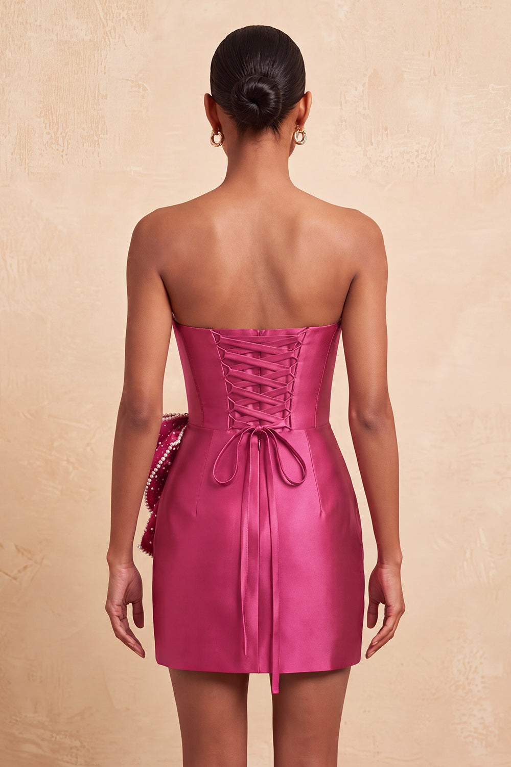 Navy Satin Beaded Tight Short Homecoming Dress with Bow