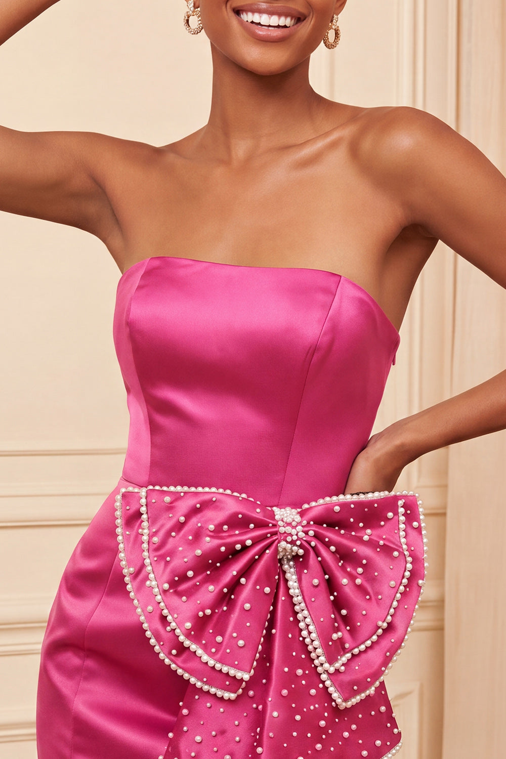 Navy Satin Beaded Tight Short Homecoming Dress with Bow