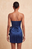 Navy Satin Beaded Tight Short Homecoming Dress with Bow