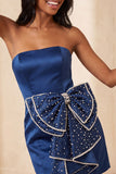 Navy Satin Beaded Tight Short Homecoming Dress with Bow