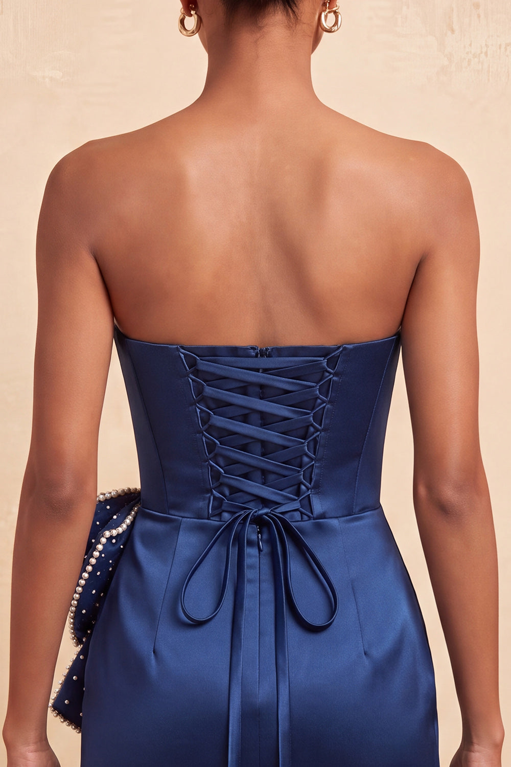 Navy Satin Beaded Tight Short Homecoming Dress with Bow