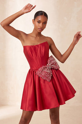 Red Corset Beaded A-Line Short Homecoming Dress with Bow