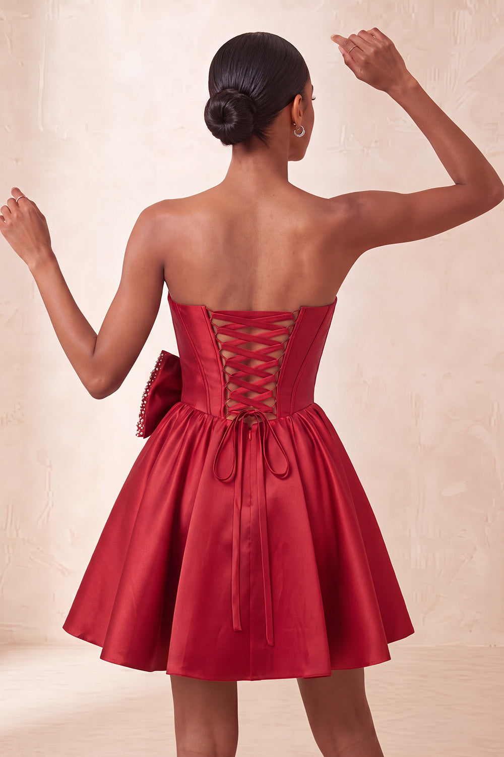 Red Corset Beaded A-Line Short Homecoming Dress with Bow
