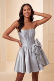 Grey Corset Strapless A-Line Short Homecoming Dress with Bow