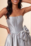 Grey Corset Strapless A-Line Short Homecoming Dress with Bow
