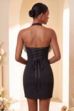 Light Grey Halter Neck Tight Short Homecoming Dress with Ruffles