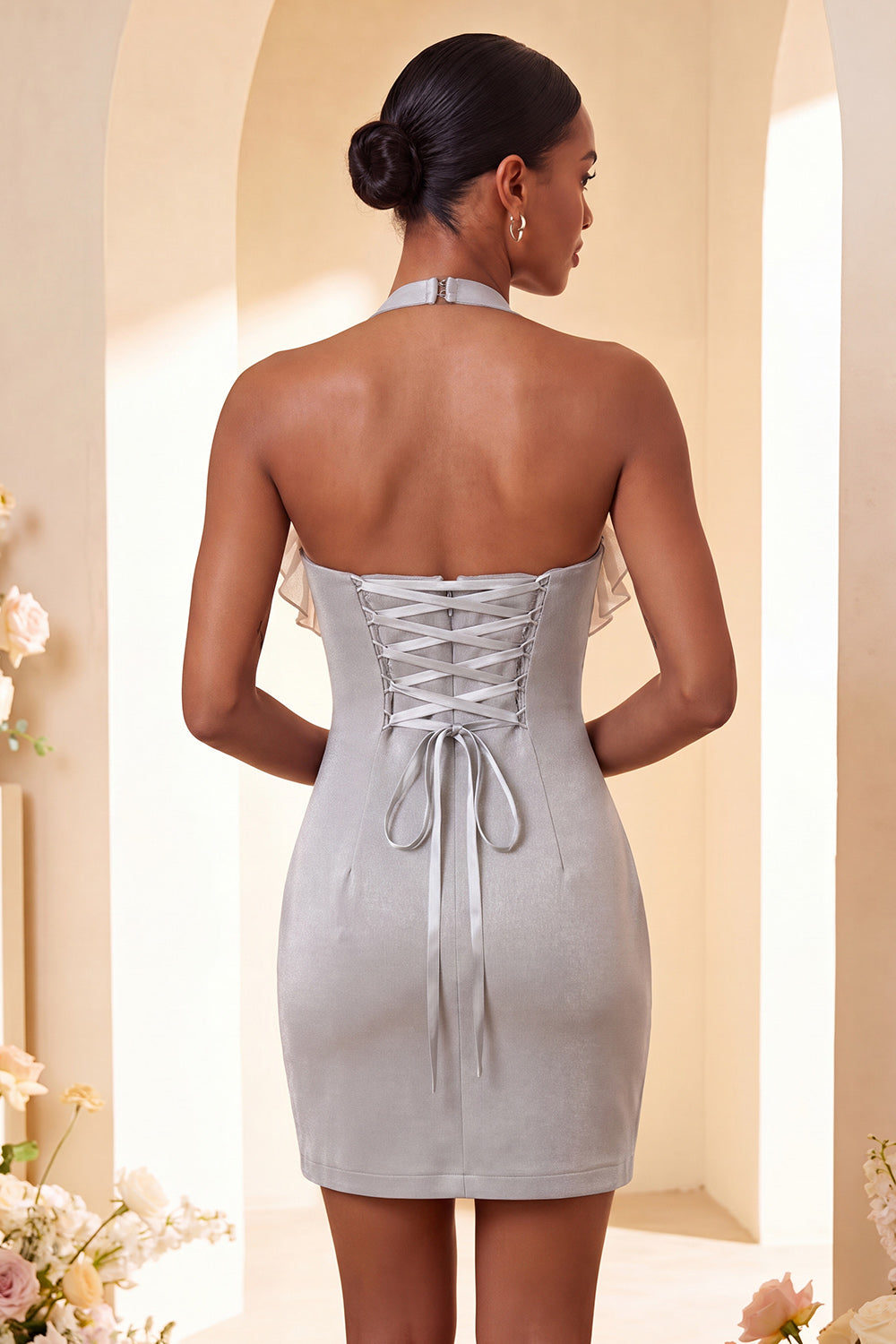 Light Grey Halter Neck Tight Short Homecoming Dress with Ruffles