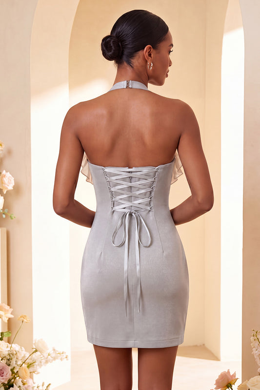 Light Grey Halter Neck Tight Short Homecoming Dress with Ruffles