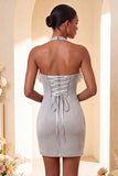 Light Grey Halter Neck Tight Short Homecoming Dress with Ruffles