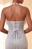 Light Grey Halter Neck Tight Short Homecoming Dress with Ruffles