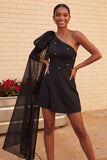 Black Beaded A-Line Short Homecoming Dress with Side Cape