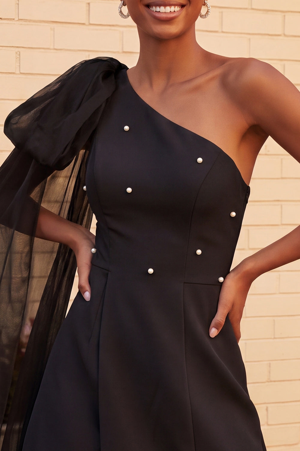 Black Beaded A-Line Short Homecoming Dress with Side Cape