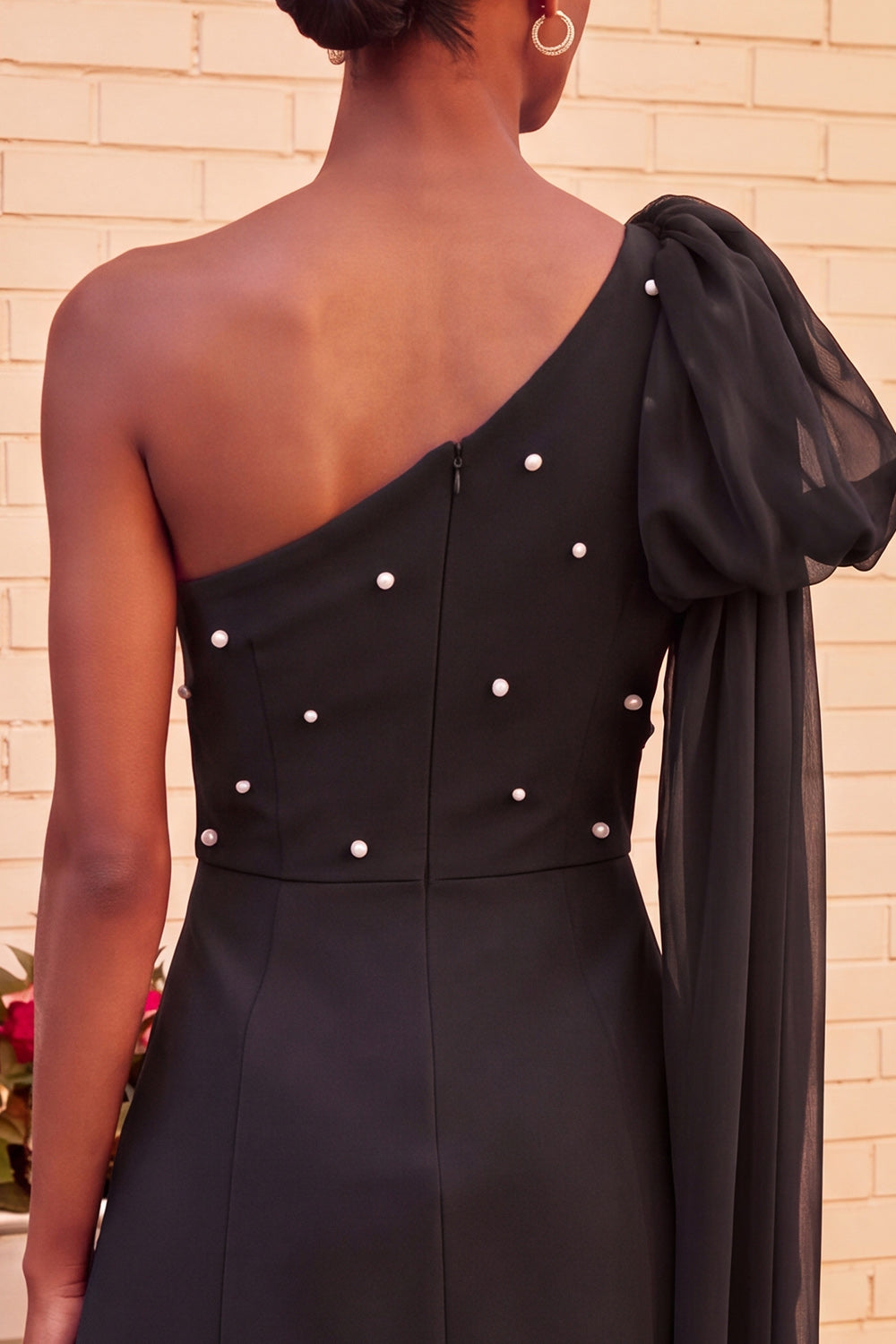 Black Beaded A-Line Short Homecoming Dress with Side Cape