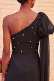 Black Beaded A-Line Short Homecoming Dress with Side Cape