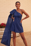 Black Beaded A-Line Short Homecoming Dress with Side Cape