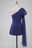 Black Beaded A-Line Short Homecoming Dress with Side Cape