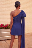 Black Beaded A-Line Short Homecoming Dress with Side Cape
