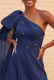 Black Beaded A-Line Short Homecoming Dress with Side Cape