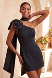 Pink Beaded One Shoulder Tight Short Homecoming Dress with Bow