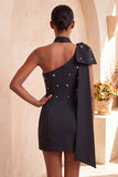 Pink Beaded One Shoulder Tight Short Homecoming Dress with Bow