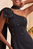 Pink Beaded One Shoulder Tight Short Homecoming Dress with Bow