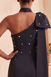 Pink Beaded One Shoulder Tight Short Homecoming Dress with Bow