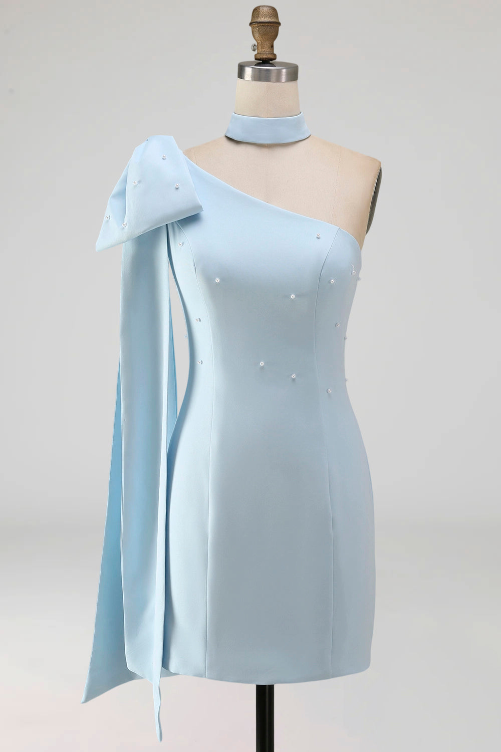 Light Blue Beaded One Shoulder Tight Short Homecoming Dress with Bow