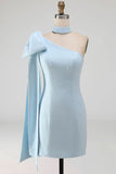 Light Blue Beaded One Shoulder Tight Short Homecoming Dress with Bow