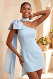 Pink Beaded One Shoulder Tight Short Homecoming Dress with Bow