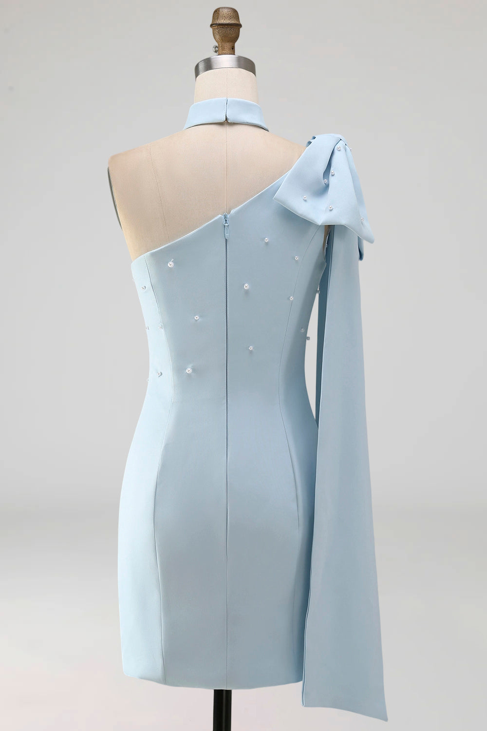 Light Blue Beaded One Shoulder Tight Short Homecoming Dress with Bow